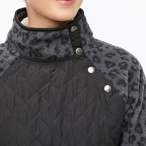 J.CREW NWT QUILTED BUTTON NECK SHERPA TUNIC JACKET GRAY BLACK LEOPARD PRINT SMAL - Picture 2 of 10